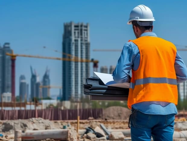 Hombre con casco de seguridad en una fabrica viendo un plano de construcción en una tablet
